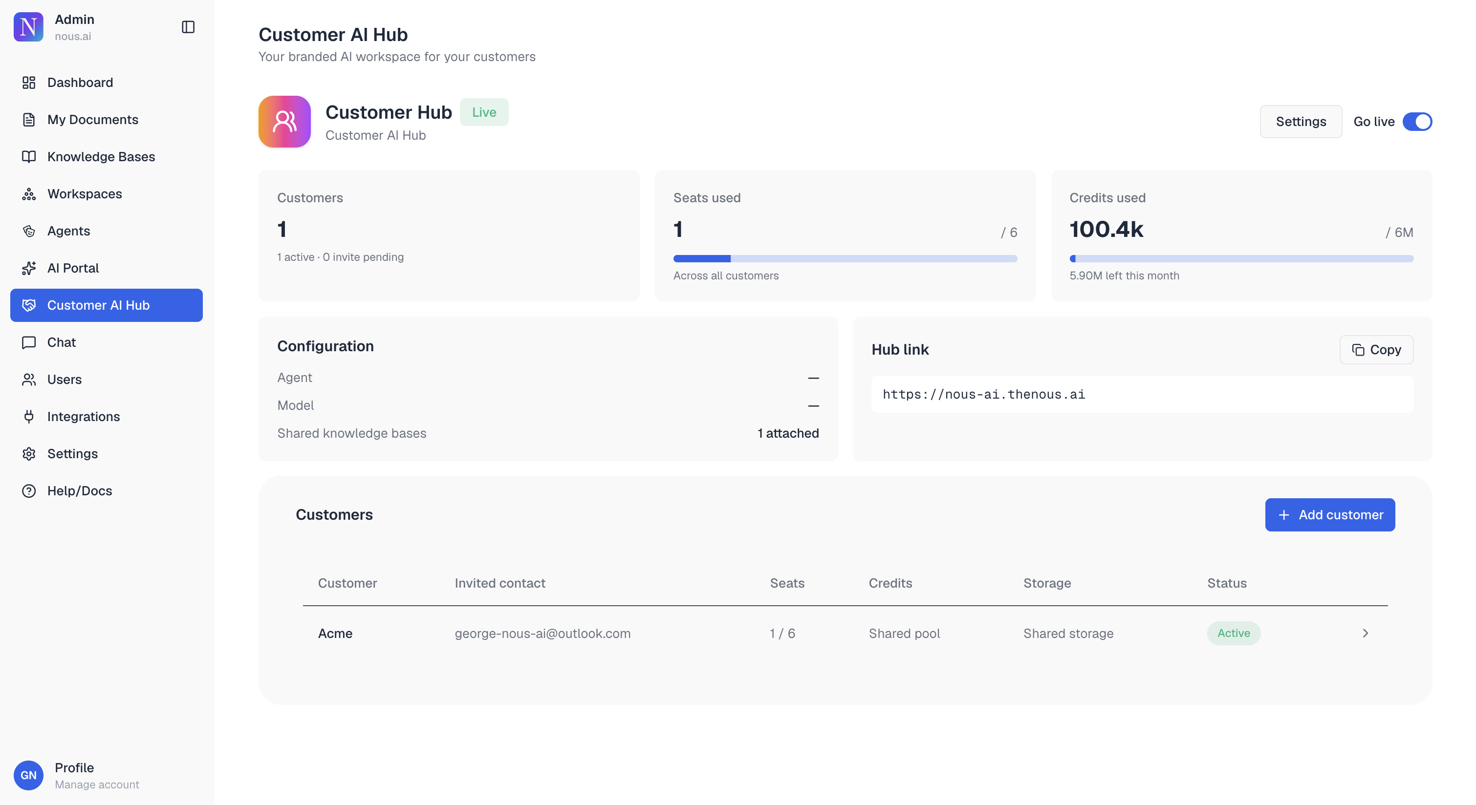 The Nous admin screen for the Customer AI Hub — seats and credits used, hub link, and the customer list