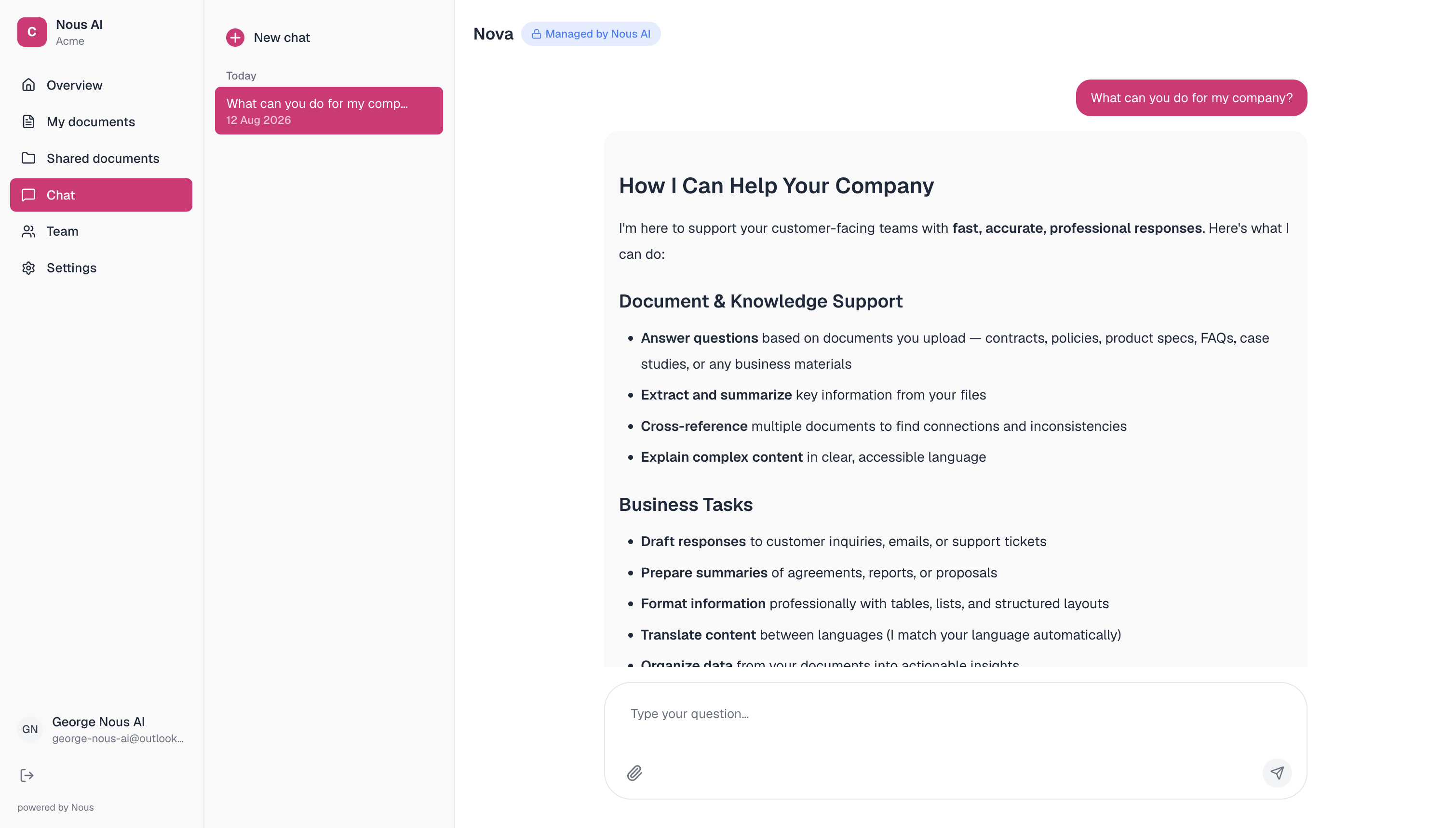 A customer signed in to a branded Nous hub — their own documents, shared documents, team, and a chat with the assistant