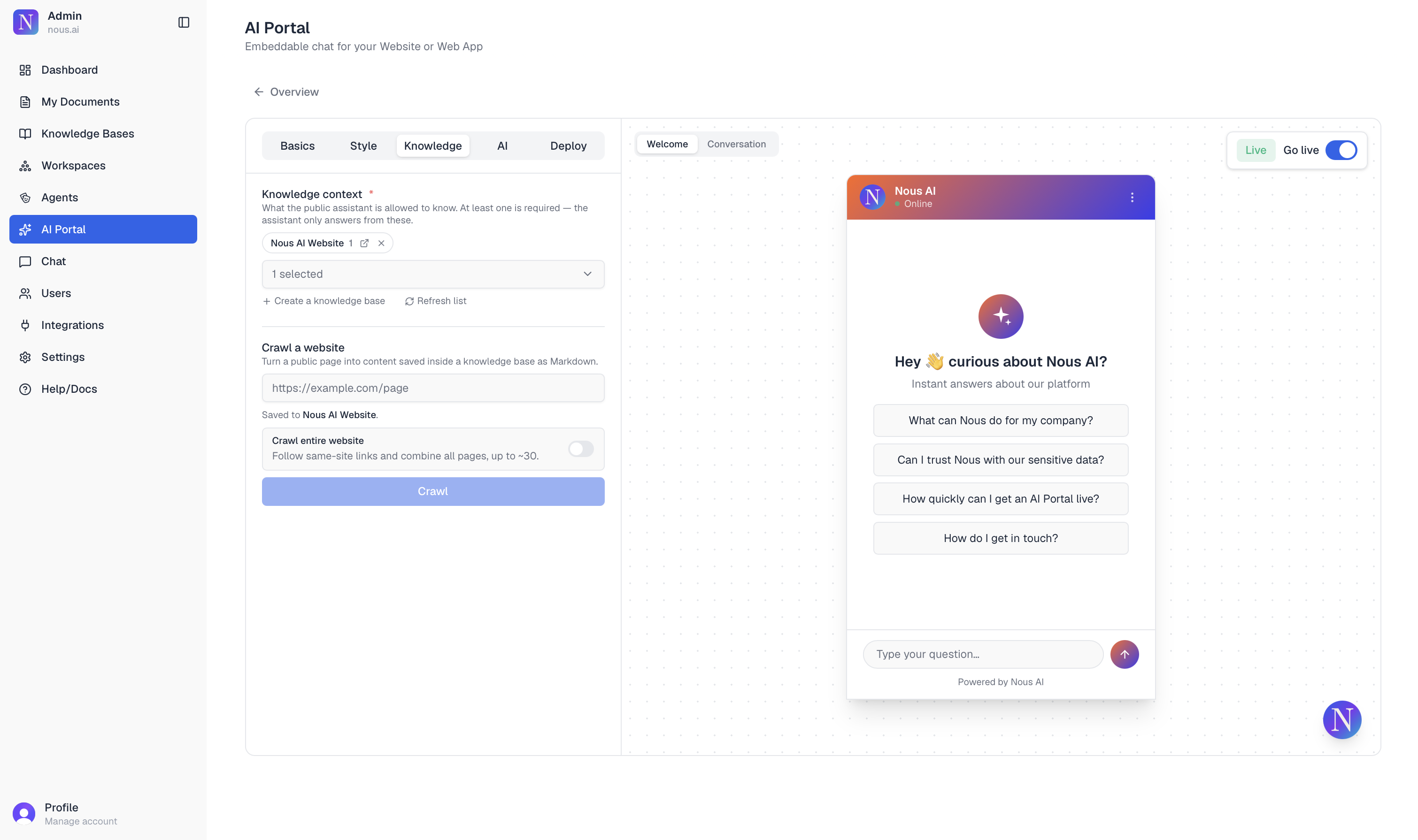The Nous admin screen for building and managing your AI Portal