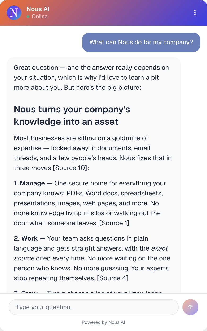 A branded Nous assistant embedded on a company website, answering a customer question